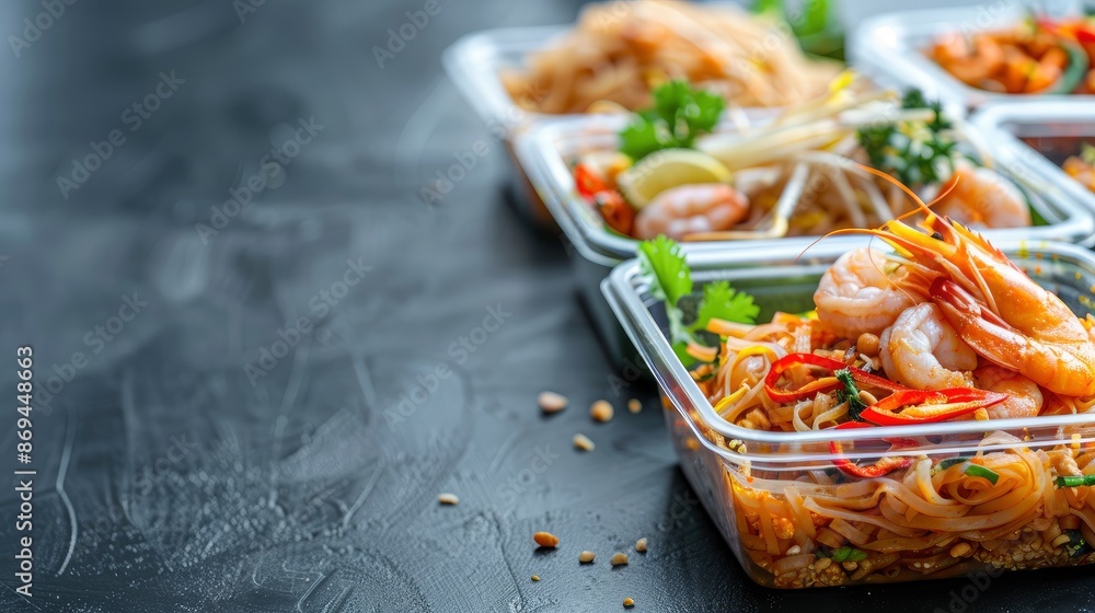 Side View Of Pad Thai With Fresh Squid And Prawns Including Vegetarian Pad Thai, In Lunch Boxes Side View Of Pad Thai With Fresh Squid And Prawns Including Vegetarian Pad Thai, In Lunch Boxes