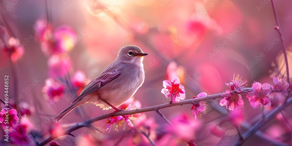 Fototapeta premium Bird perched on branch with pink and purple flowers in foreground. Concept Bird Photography, Nature, Floral, Wildlife, Serene Beauty
