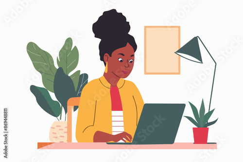 A woman working on a laptop, depicted in a stylish flat design with minimalist aesthetics
