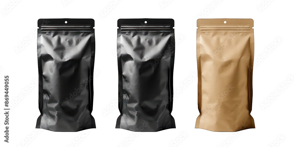 PNG Set of 3 Doypacks Black and Brown Isolated on Transparent Background - AI Generated PNG Set of 3 Doypacks Black and Brown Isolated on Transparent Background - AI Generated