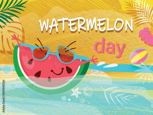 Summer sale horizontal background with cartoon watermelon on red background. Vector background.