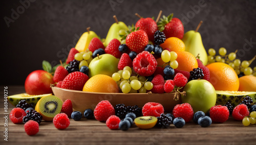 A wooden bowl overflowing with a variety of fruits, including strawberries, raspberries, blueberries, grapes, oranges, pears, apples, kiwi, and watermelon