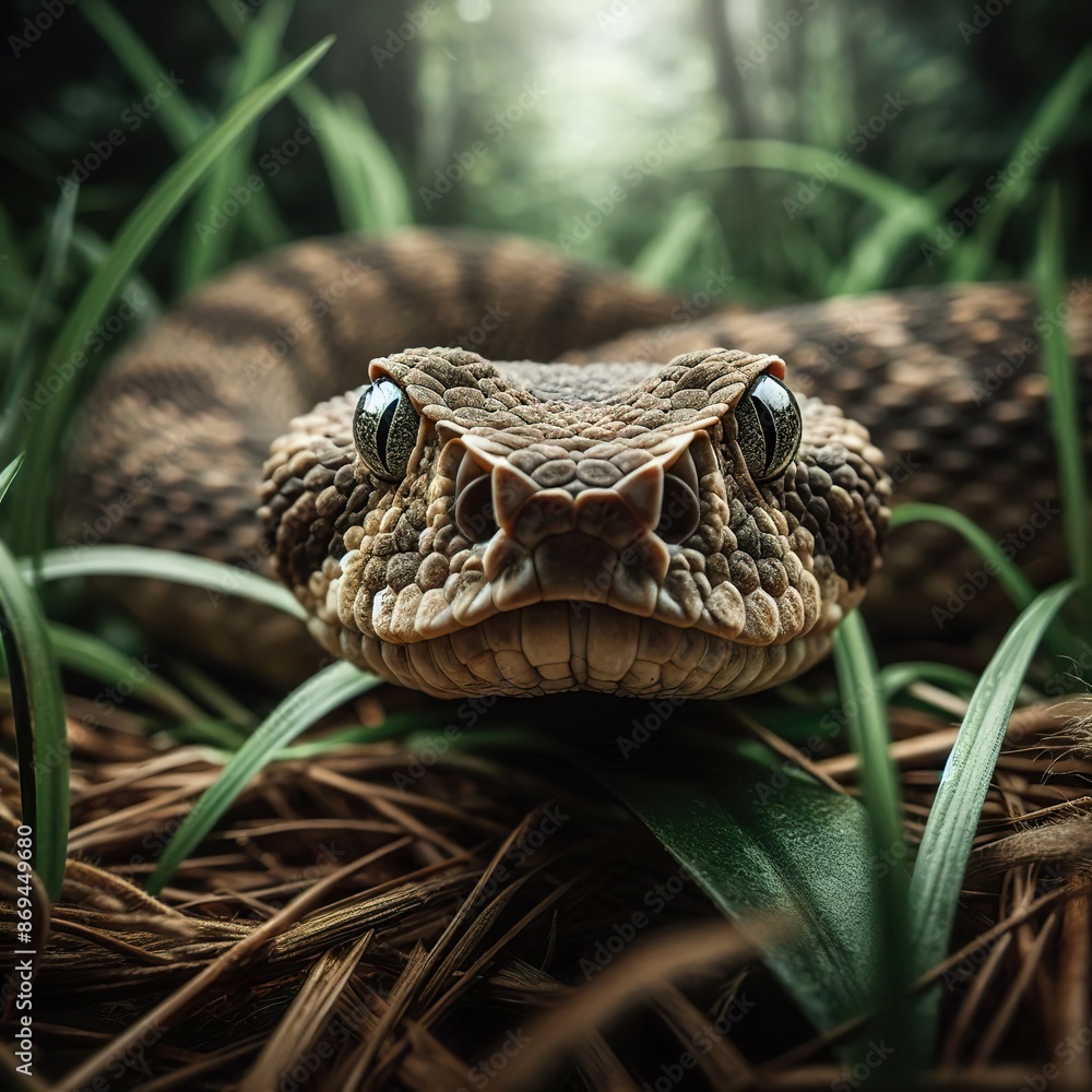 Obraz premium a Rattlesnake Creeping in the tall grass, sharp focus on the eyes and mouth