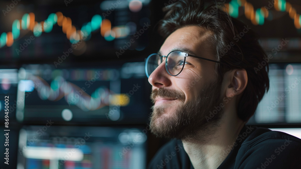 Happy investor. Concept of cryptocurrency or profit from investment in the economy Happy investor. Concept of cryptocurrency or profit from investment in the economy