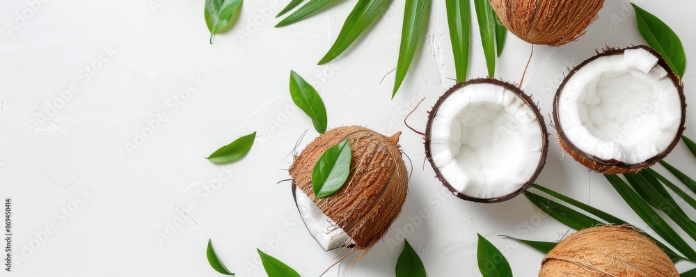 A close up of a white background with a variety of coconuts and leaves. The coconuts are cut open and scattered around the background.