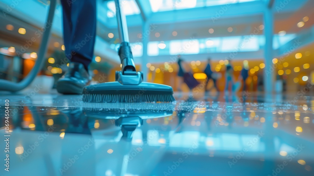 Close-up of a cleaning worker using a vacuum to clean the shiny floor in a modern shopping mall setting. Close-up of a cleaning worker using a vacuum to clean the shiny floor in a modern shopping mall setting.