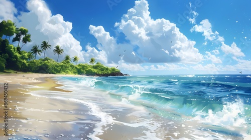 Serene Beach with ocean and clouds background 