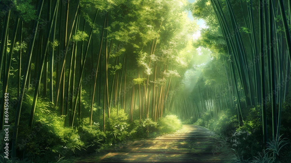 Obraz premium A lush green forest with a path leading through it. Anime background