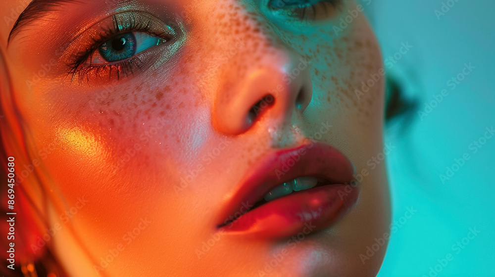 Close-Up Portrait of Freckled Young Woman's Face with Rainbow-Colored Lights Close-Up Portrait of Freckled Young Woman's Face with Rainbow-Colored Lights