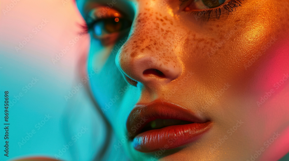 Fototapeta premium Close-Up Portrait of Freckled Young Woman's Face with Rainbow-Colored Lights