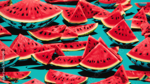 The image is of a blue surface covered with slices of watermelon of different sizes. There are both large and small pieces.