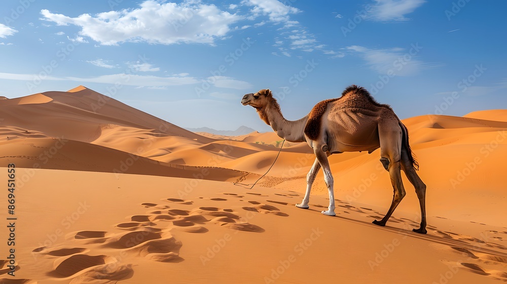 A camel walking in the desert leaving footprints behind it, with its tail raised high and head down. A camel walking in the desert leaving footprints behind it, with its tail raised high and head down.