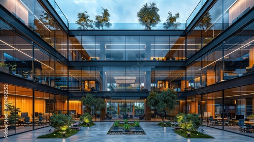 A large glass building with a courtyard in the middle