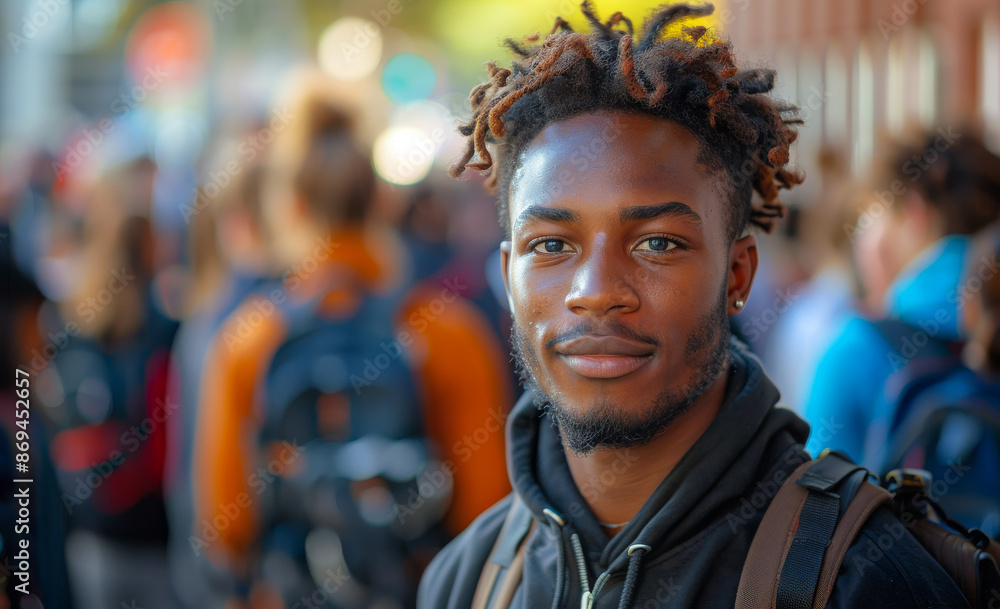 A young man with dreadlocks stands in front of a crowd of people A young man with dreadlocks stands in front of a crowd of people