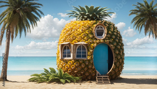 A large pineapple shaped house sits on a sandy beach with a blue ocean and sky in the background. Two people sit on a step outside the house.