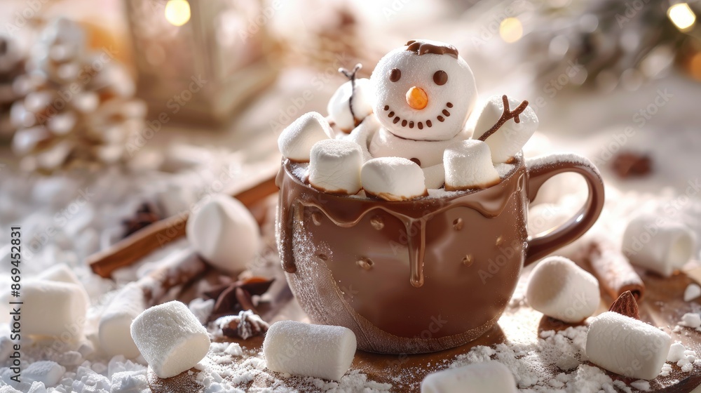 Snowman Made Of Marshmallows In Cocoa Drink, A Sweet Treat For Kids Snowman Made Of Marshmallows In Cocoa Drink, A Sweet Treat For Kids