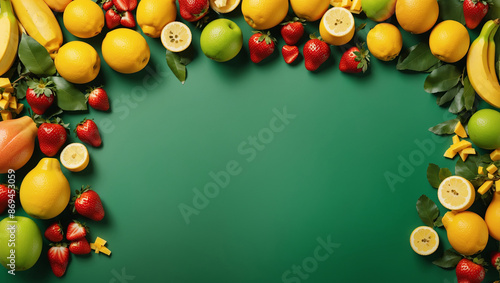The image shows a green background with a frame of fruit, including pears, lemons, apples, strawberries, and guava