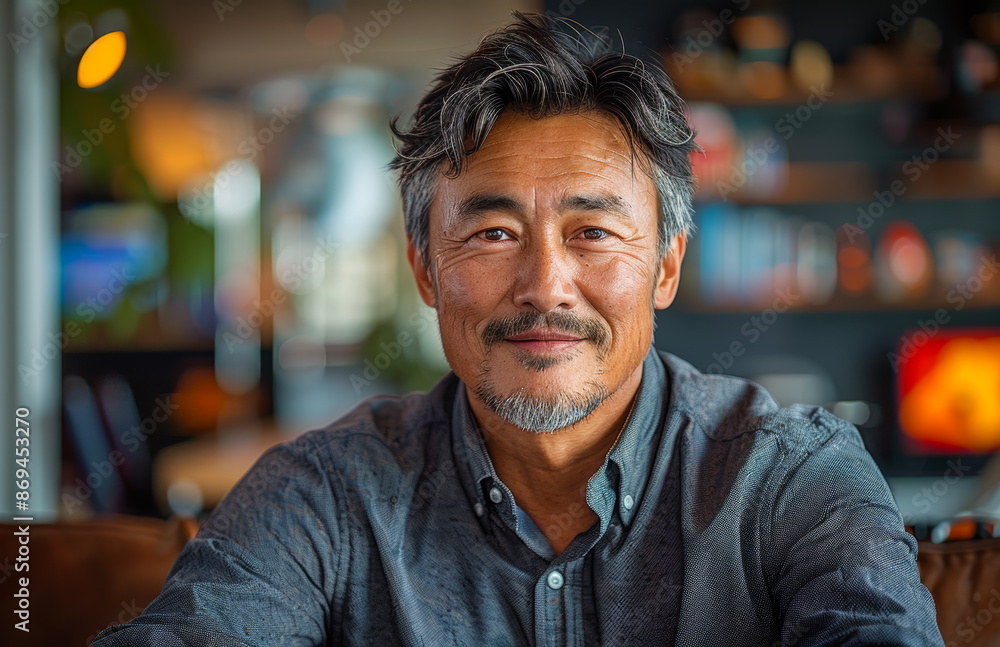 A man with a beard and gray hair is smiling at the camera. He is wearing a gray shirt and a blue shirt A man with a beard and gray hair is smiling at the camera. He is wearing a gray shirt and a blue shirt