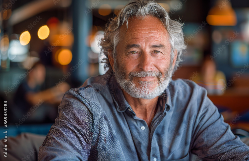 A man with a beard and gray hair is smiling at the camera. He is wearing a blue shirt and is sitting in a restaurant A man with a beard and gray hair is smiling at the camera. He is wearing a blue shirt and is sitting in a restaurant