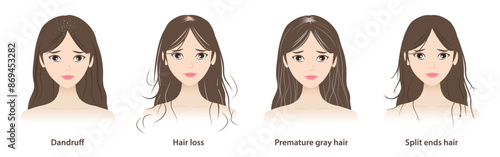 The cute women with hair problems vector illustration isolated on white background. Dandruff, white dry flaky, scaly scalp, hair loss, alopecia, premature gray hair and split ends hair.