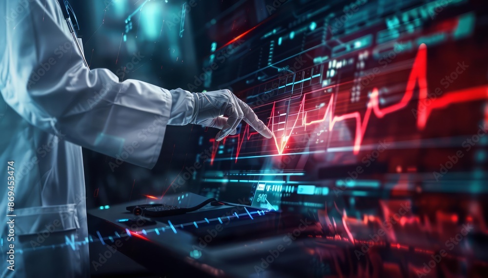 A closeup of a cardiologist performing an ECG with Glow HUD big icon of electrocardiogram A closeup of a cardiologist performing an ECG with Glow HUD big icon of electrocardiogram