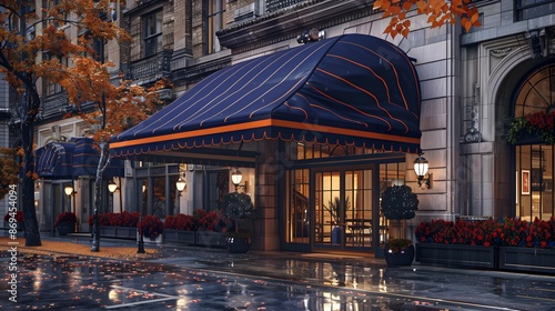 The front entrance to an upscale hotel in New York City, with two large navy blue awnings above its main door. The city is in fall and there is some rain. It has an orange striped canopy.