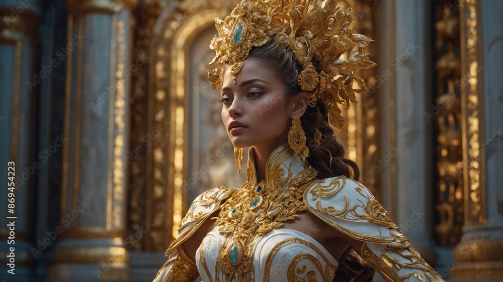 Fototapeta premium A regal woman dressed in elaborate golden attire stands majestically in a richly decorated palace, exuding grace and authority.