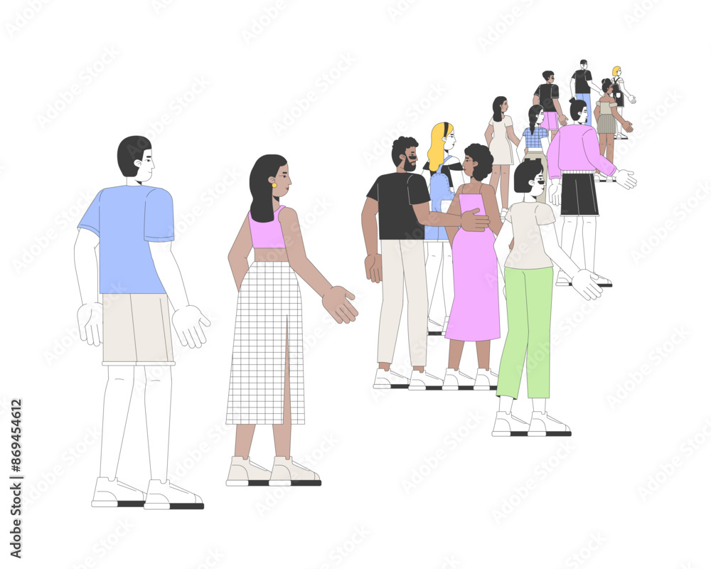 Multicultural people walking strolling 2D linear cartoon characters. Diverse tourists group isolated line vector people white background. Sightseeing travelers adults color flat spot illustration Multicultural people walking strolling 2D linear cartoon characters. Diverse tourists group isolated line vector people white background. Sightseeing travelers adults color flat spot illustration