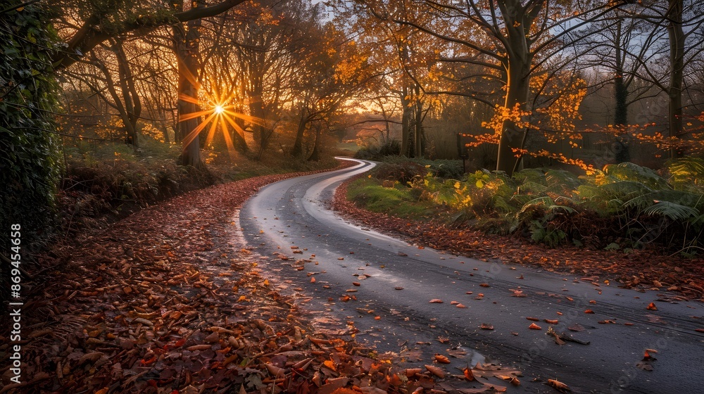 Obraz premium A autumn scene with vibrant leaves, a winding path through the park and sunlight streaming down in an elegant display of golden hues.