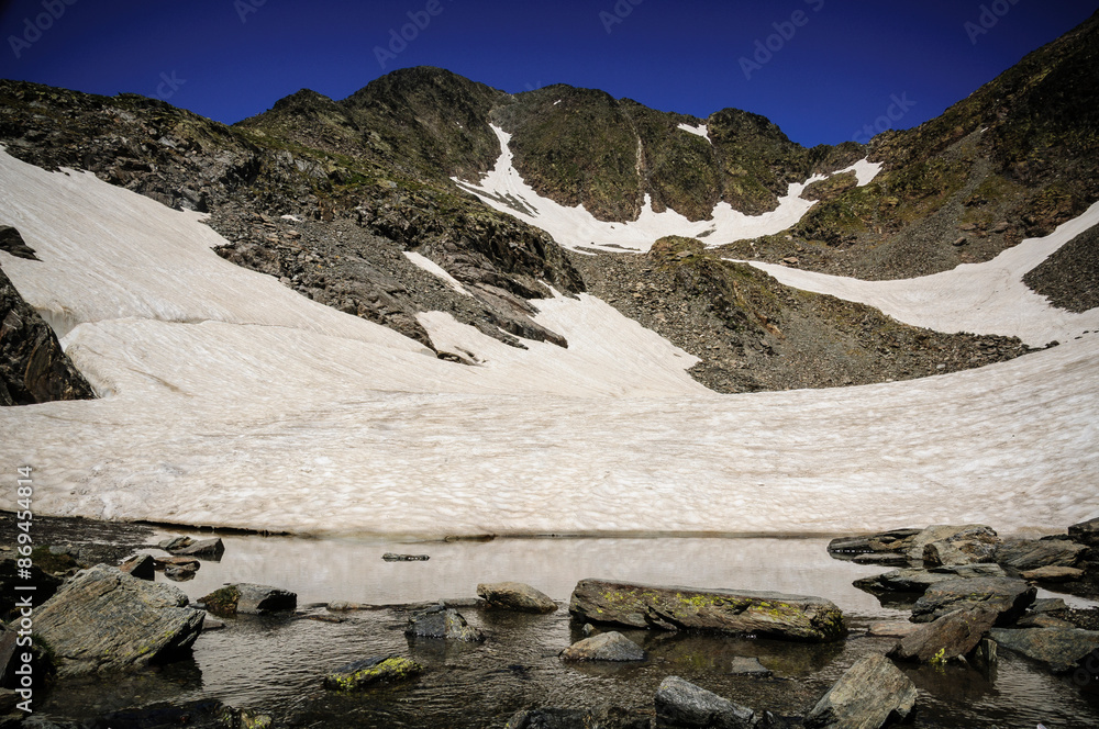 Estany Gelat del Carlit lake, at the base of the Carlit summit (Pyrénées Orientales, Pyrenees, France) Estany Gelat del Carlit lake, at the base of the Carlit summit (Pyrénées Orientales, Pyrenees, France)