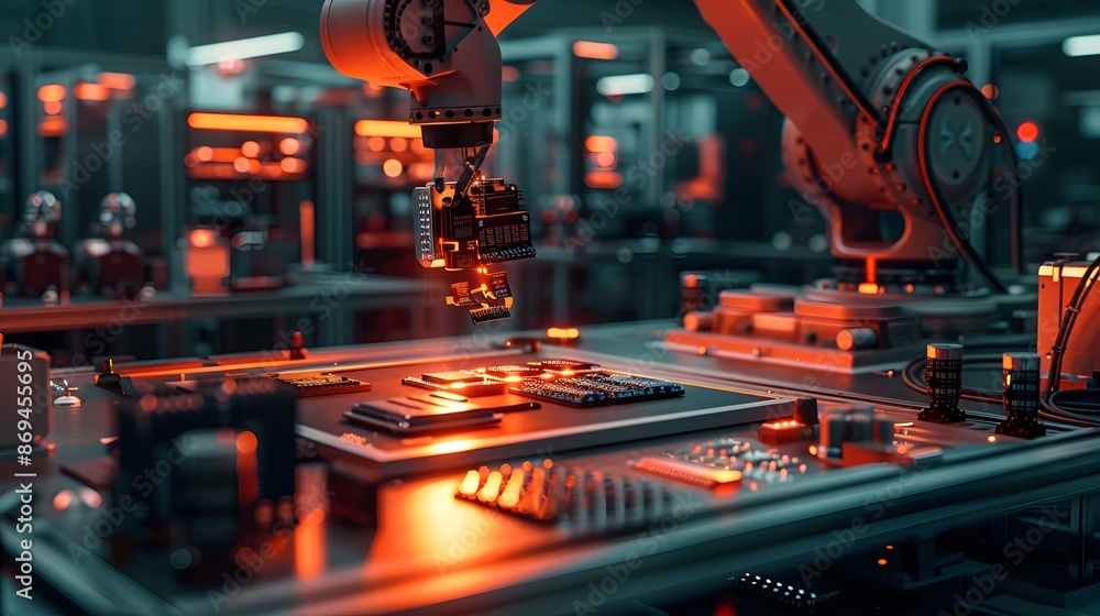 A robotic arm is holding an electronic part and placing it on the table, while other parts of various sizes sit around in boxes. The background shows a dark factory. A robotic arm is holding an electronic part and placing it on the table, while other parts of various sizes sit around in boxes. The background shows a dark factory.