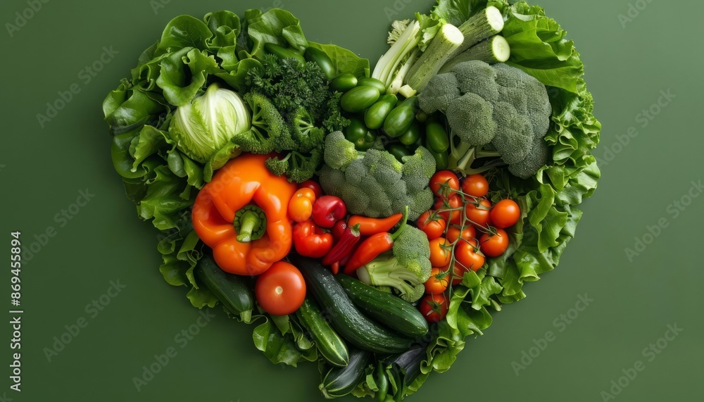 A closeup of various fresh vegetables arranged in a heart shape on a green background A closeup of various fresh vegetables arranged in a heart shape on a green background