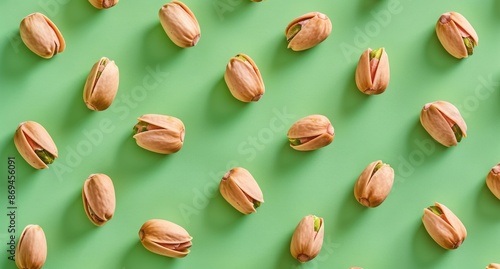 Shelled Pistachios Arranged in a Pattern on Green Background