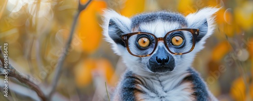 Close-up of a cute, funny lemur wearing glasses. Perfect for humorous and whimsical animal-themed projects.