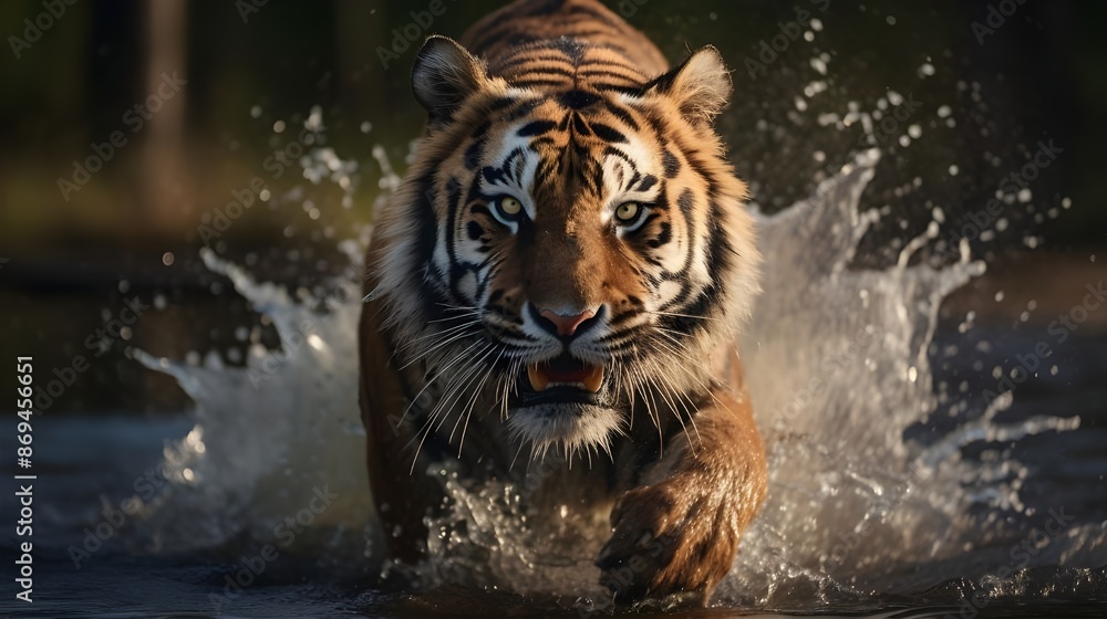 Wild Bengal tiger running through the dirty jungle river, splashing the water drops in the air. Focus on tiger's face, and blurred green vegetation in the background
Wild Bengal tiger running through the dirty jungle river, splashing the water drops in the air. Focus on tiger's face, and blurred green vegetation in the background