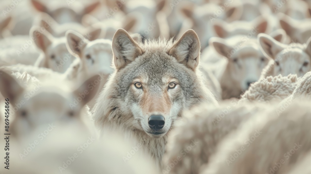 Obraz premium Wolf blending into a flock of sheep in a corporate setting, business deceit, hidden motives