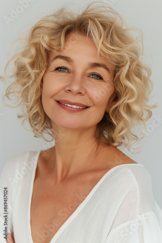 A cheerful, elegant elderly lady with curly hair, smiling tenderly, posing confidently in a studio.