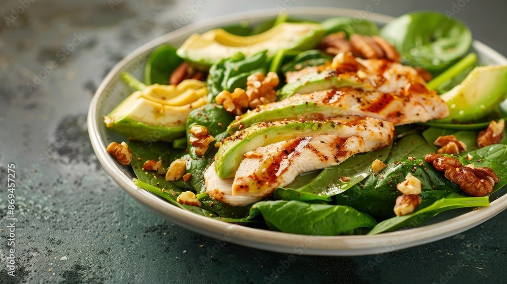 Spinach Salad With Grilled Chicken Fillet, Avocado, And Walnuts, A Nutritious Meal