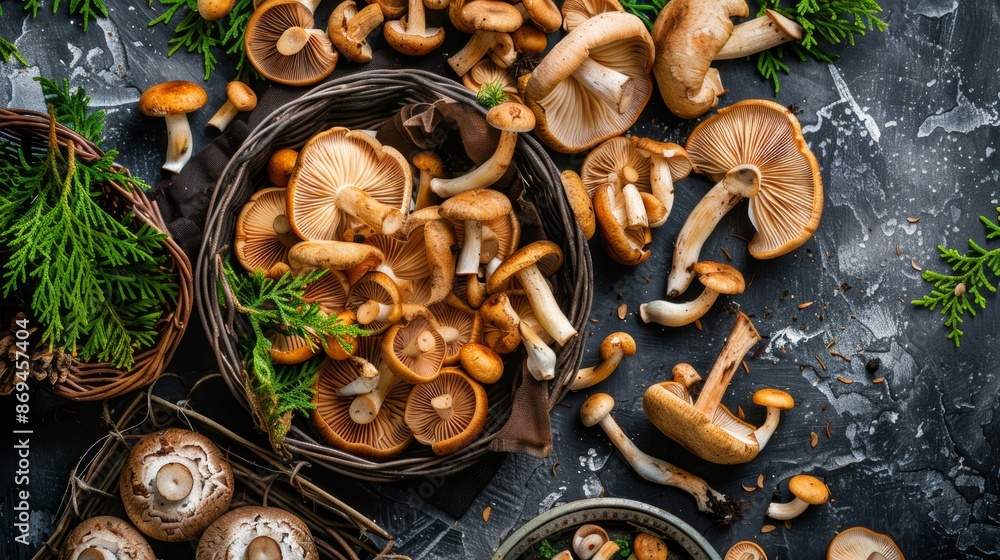 Fototapeta premium Fresh Wild Mushrooms in Rustic Baskets