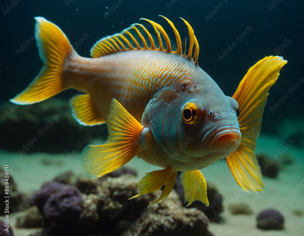 Orange Fish with Long Fins Swimming in Ocean Orange Fish with Long Fins Swimming in Ocean