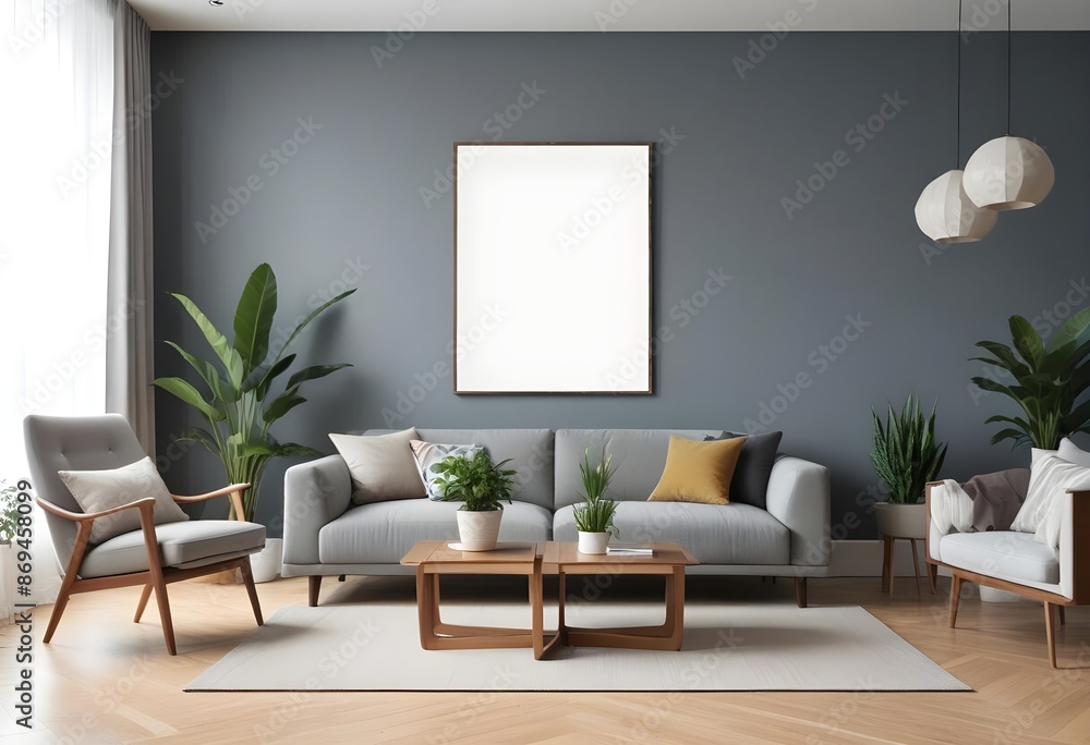 Warm and Cozy Composition of spring living room interior with mock-up poster frame, wooden sideboard, white sofa, green stand, base with leaves, plants, and stylish lamp.Generative AI Warm and Cozy Composition of spring living room interior with mock-up poster frame, wooden sideboard, white sofa, green stand, base with leaves, plants, and stylish lamp.Generative AI