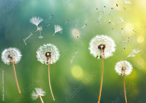 Abstract blurred nature background dandelion seeds parachute. Abstract nature bokeh pattern. Generative AI.	
