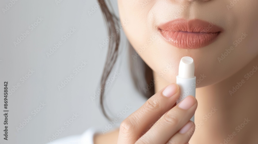 Asian woman applying a lip balm, hydration, soft lips Asian woman applying a lip balm, hydration, soft lips