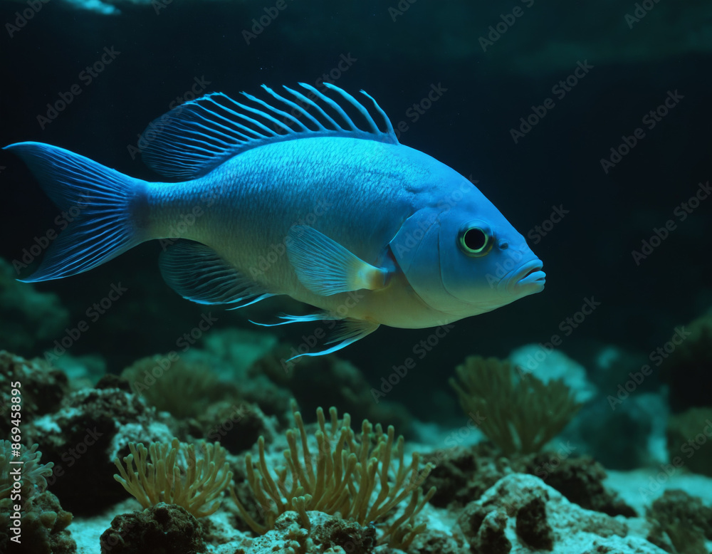 Blue Fish Swimming Among Anemones in Ocean Blue Fish Swimming Among Anemones in Ocean