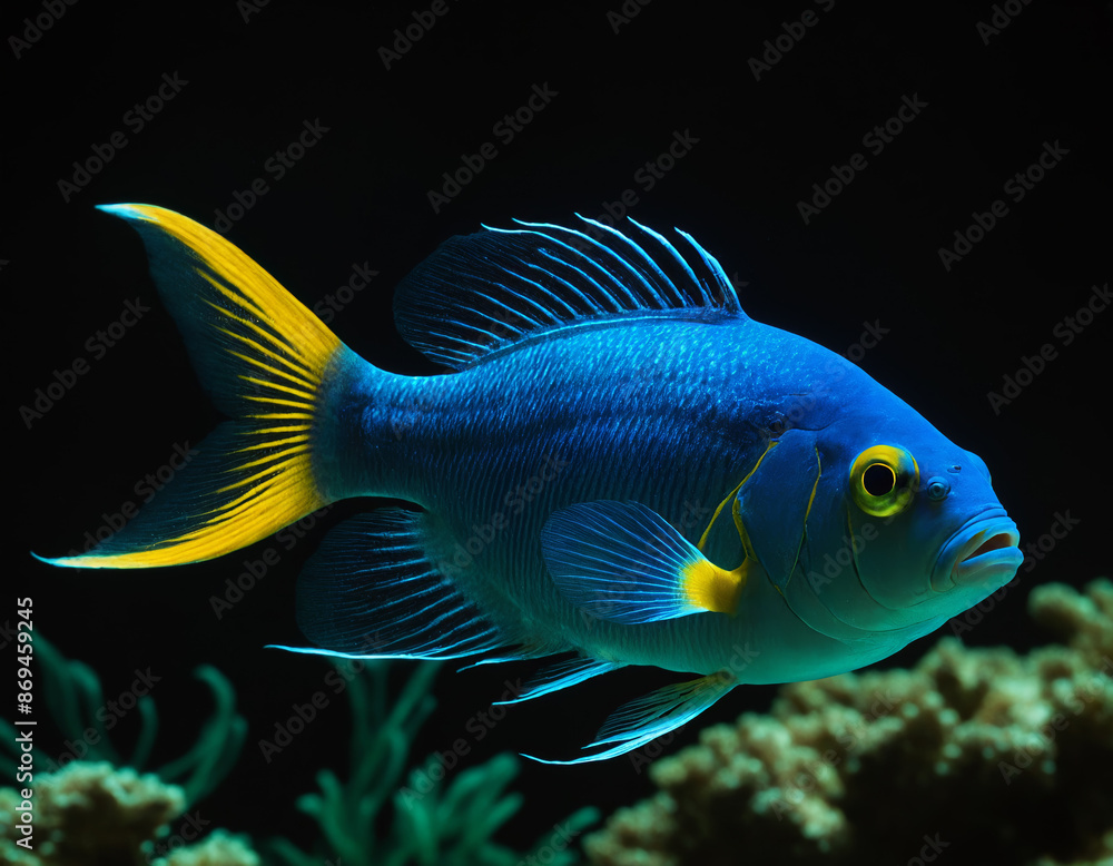Blue and Yellow Fish in Aquarium with Dark Background Blue and Yellow Fish in Aquarium with Dark Background