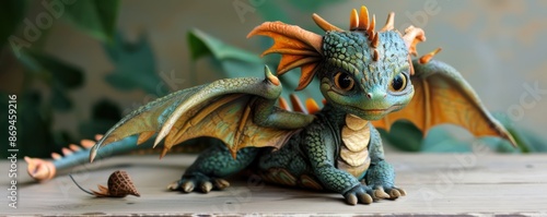 Charming small dragon toy with intricate details, perfect for fantasy themes and children's toy illustrations. Free copy space for text. © Dalibor