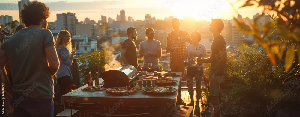 Obraz premium Diverse group enjoying a rooftop BBQ with cityscape, symbolizing urban community and relaxation. Ideal for food and drink ads, urban lifestyle promotions, and summer event marketing.