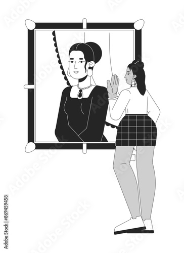 Curvy latina woman looking at mona lisa painting black and white 2D line cartoon character. Hispanic female enjoying famous artwork isolated vector outline person. Monochromatic flat spot illustration