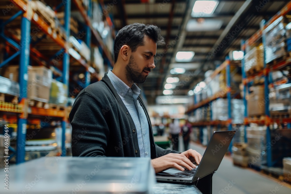 A professional man manages warehouse logistics, using a laptop to oversee delivery and inventory operations. A professional man manages warehouse logistics, using a laptop to oversee delivery and inventory operations.