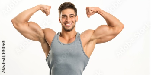 A muscular and handsome man strikes a powerful pose, showcasing his athletic physique and strength in a fitness setting.